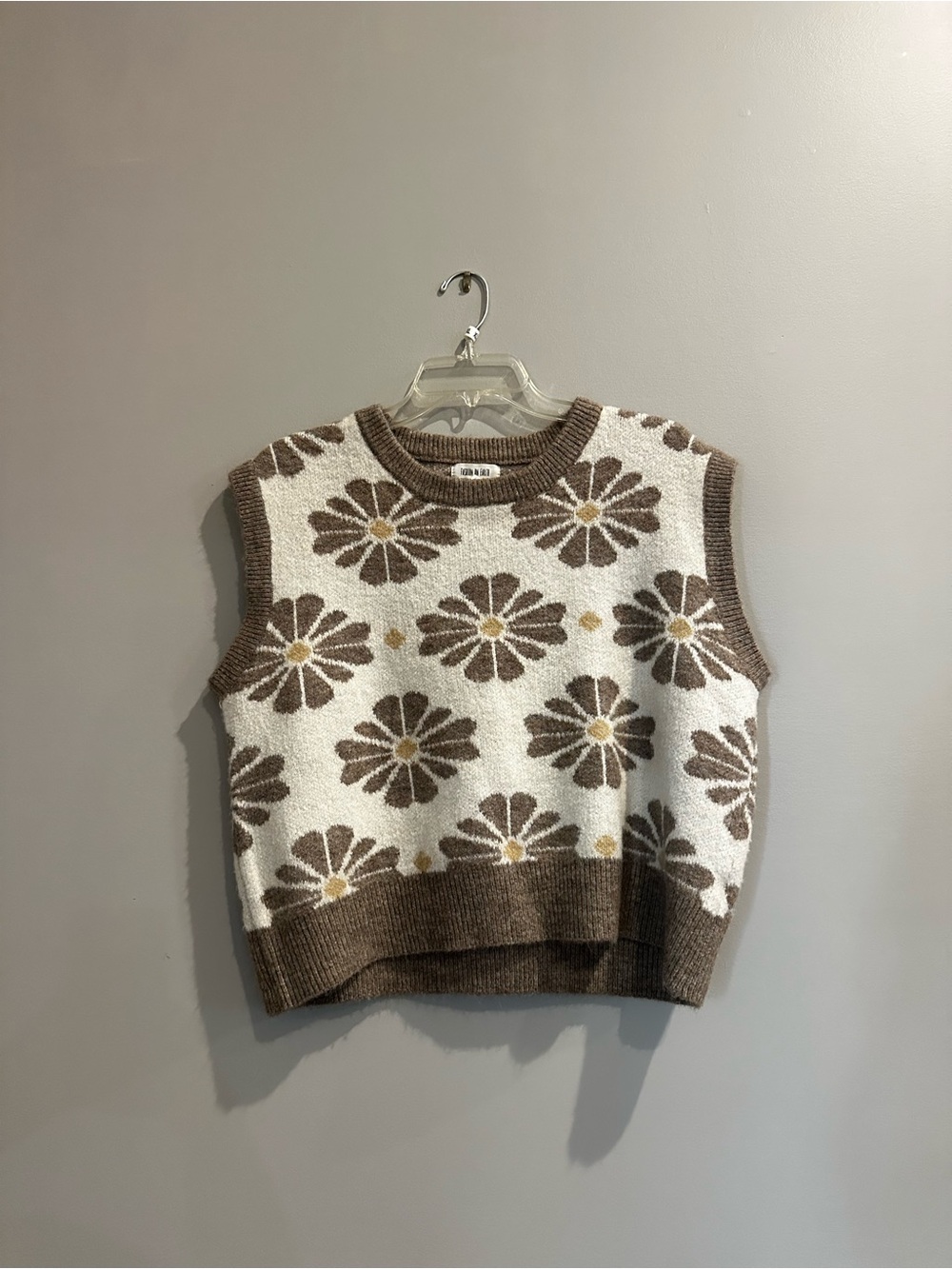 Dry Goods Cream and Brown Daisy Knit V-Neck Sweater Vest